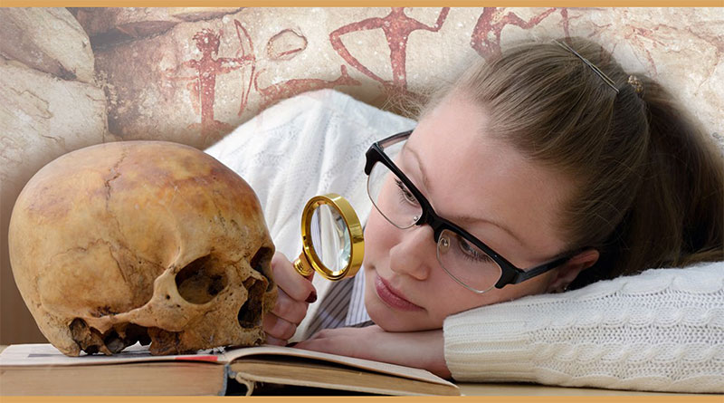 woman viewing a skull with a magnifying glass