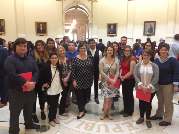 LSC-Tomball students stand in the Texas capitol rotunda with LSC-Tomball President Dr. Lee Ann Nutt during Community College Day 2017