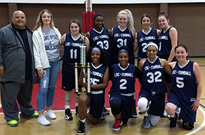 LSC-Tomball Lady Timberwolves won the basketball championship for the first time in 2018.]