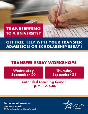 Transfer Essay Workshops Wed. Sept 20 and Thurs Sept 21 at the Extended Learning Center at 1pm to 3 pm