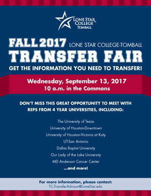 Fall 2017 LSC-Tomball Transfer Fair Wed. September 13 at 10 am in the Commons