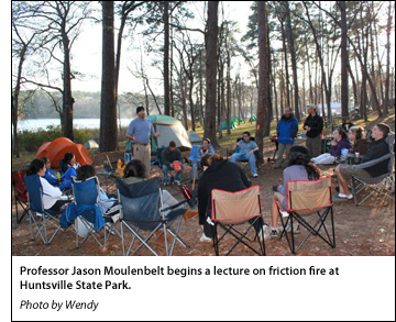 Professor Jason Moulenbelt begins a lecture on friction fire at Huntsville State Park