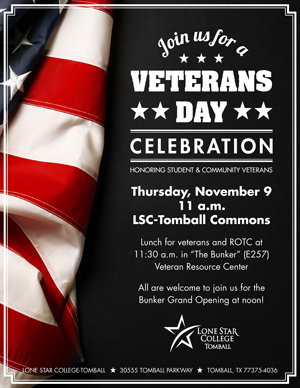 Veteran's Day Celebration, Thursday, Nov 9, 11 am, LSC-Tomball Commons