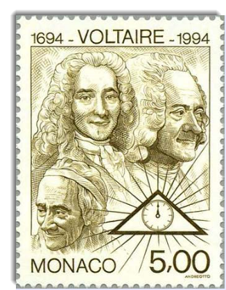 Postage stamp honoring Voltaire, Monaco, 1994