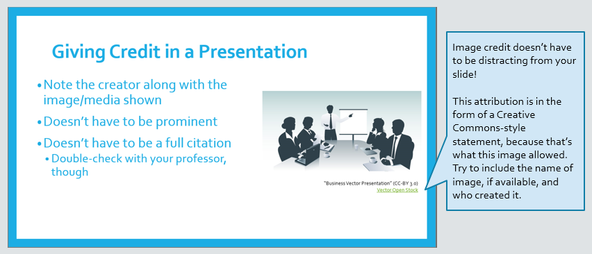 Image is a screenshot of a PowerPoint slide reiterating the notes about how to add subtle, informal attribution for images in a presentation. There is a graphic of people in a business meeting; small text below it gives credit to Vector Open Stock.