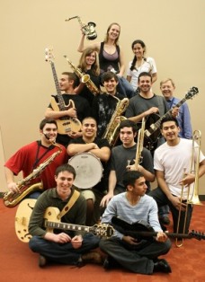 Jazz band members with instruments