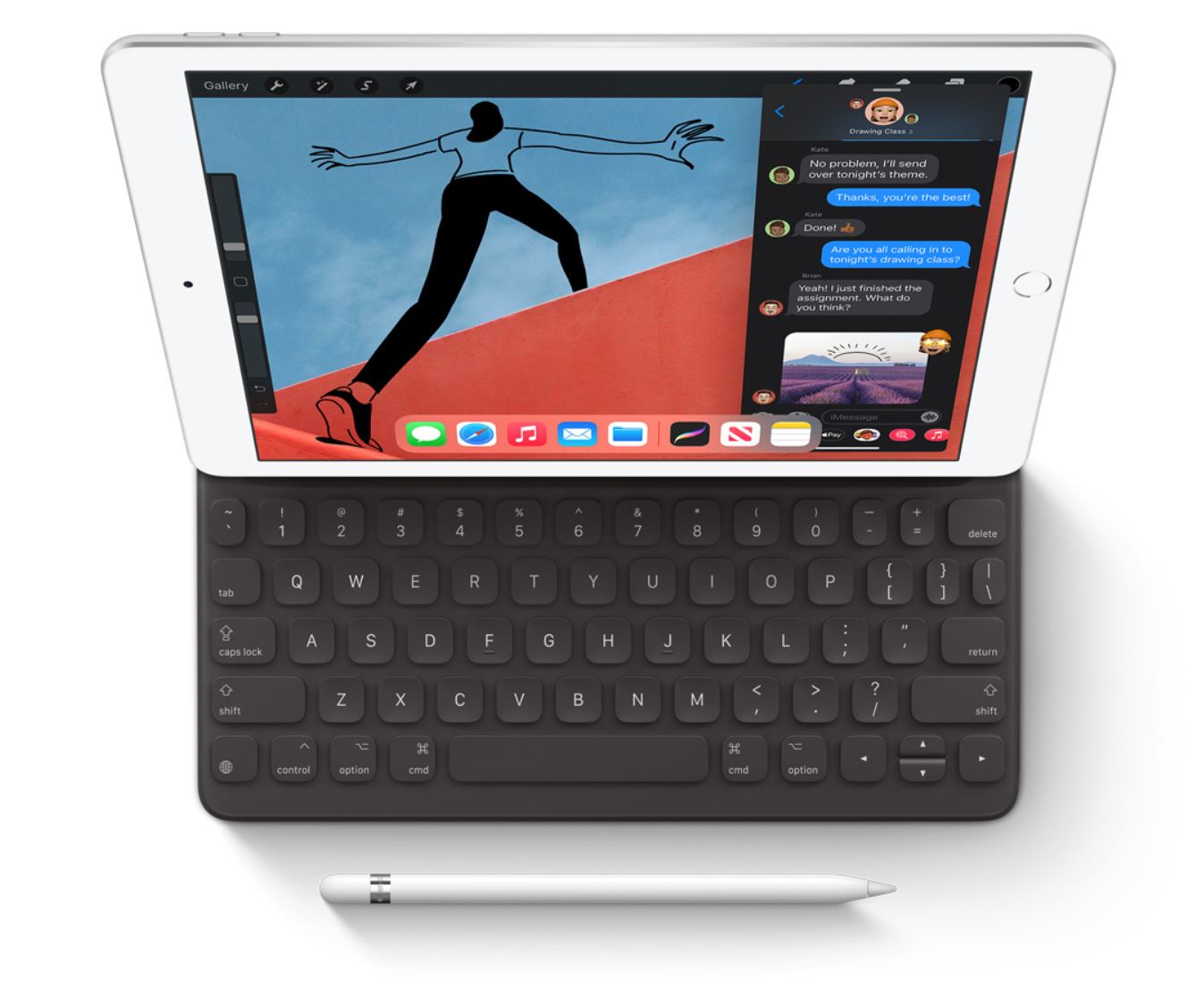 photo of Ipad, keyboard, and Apple Pencil