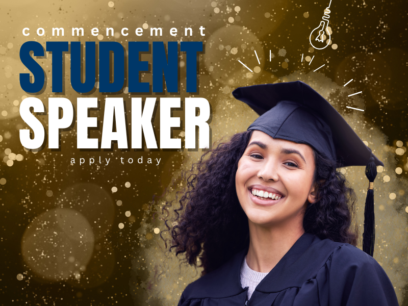 Female student with graduation cap and gown student speaker apply today