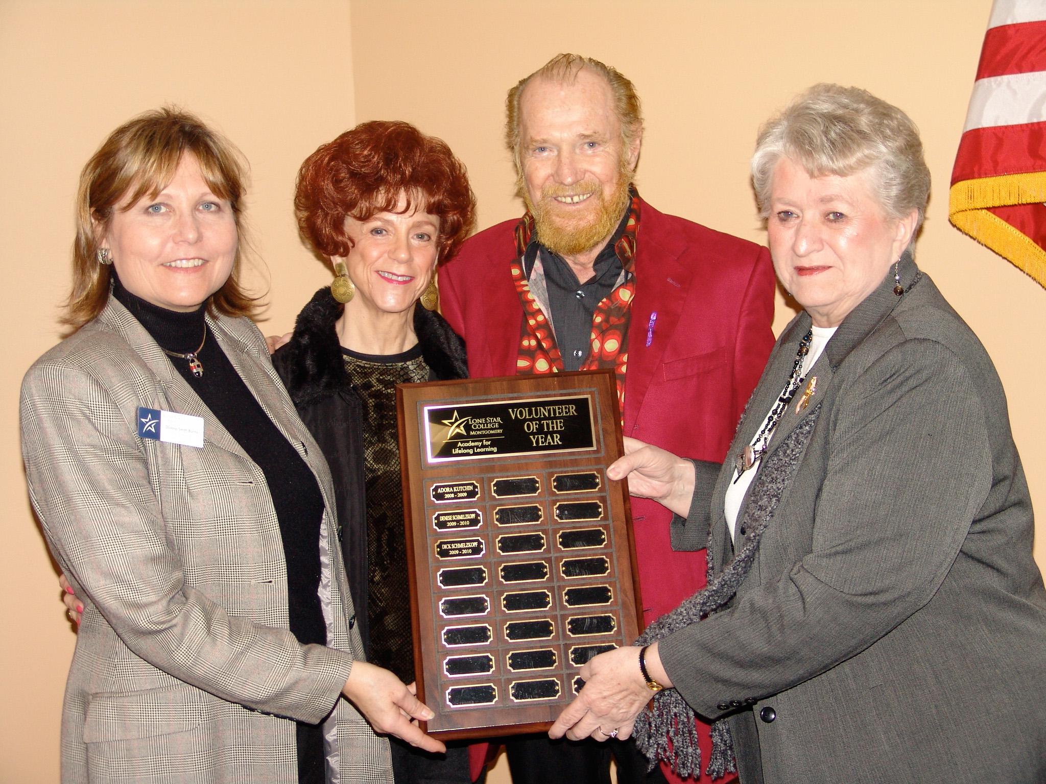 Dick and Denese Schmelzkopf, residents of Spring, were recently honored as the Volunteers of the Year for Lone Star College-Montgomerys Academy for Lifelong Learning, a learning organization for older, active adults. Pictured left to right are: Donna Smith Burns, ALL program manager, Denese Schmelzkopf, Dick Schmelzkopf, and Judi Bonds, ALL chairman.