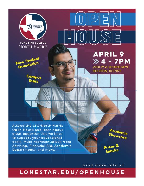 Image of student wearing glasses with open house information