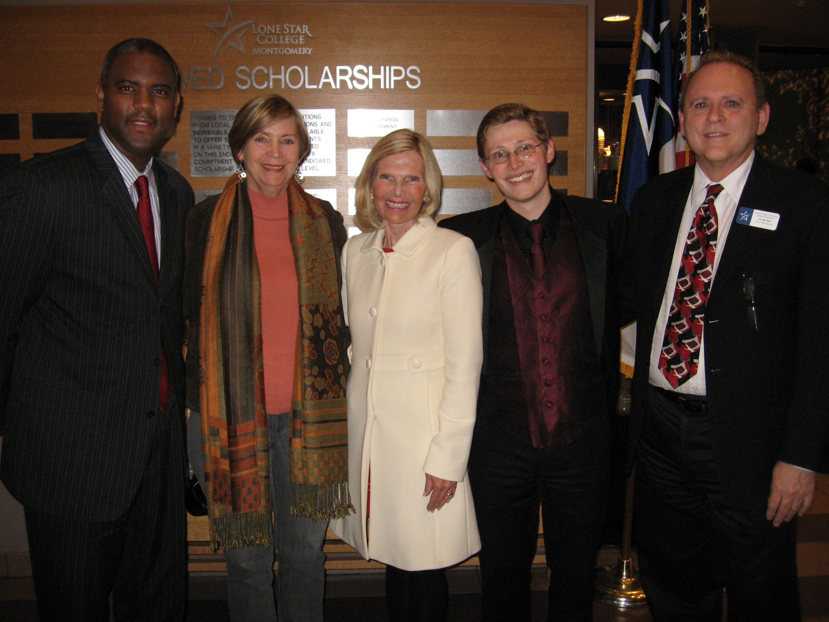 Dr. Austin Lane, president of Lone Star College-Montgomery, Mary Jo ONeal, development director of Interfaith, Dr. Ann Snyder, CEO and president of Interfaith, Dominick DiOrio, director of Choirs LSC-Montgomery and Dr. Earl Holt, chair of the performing arts at LSC-Montgomery.