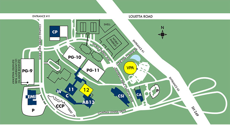 Map of Lone Star College-University Park with building 12 and the Visual & Performing Arts (VPA) building highlighted in yellow