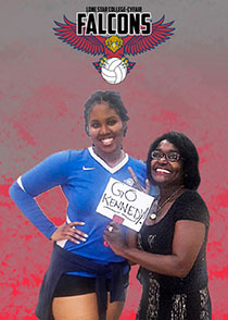 Photo with a student volleyball player including a sign saying GO Kennedy and the LSC-CyFair Falcons volleyball logo