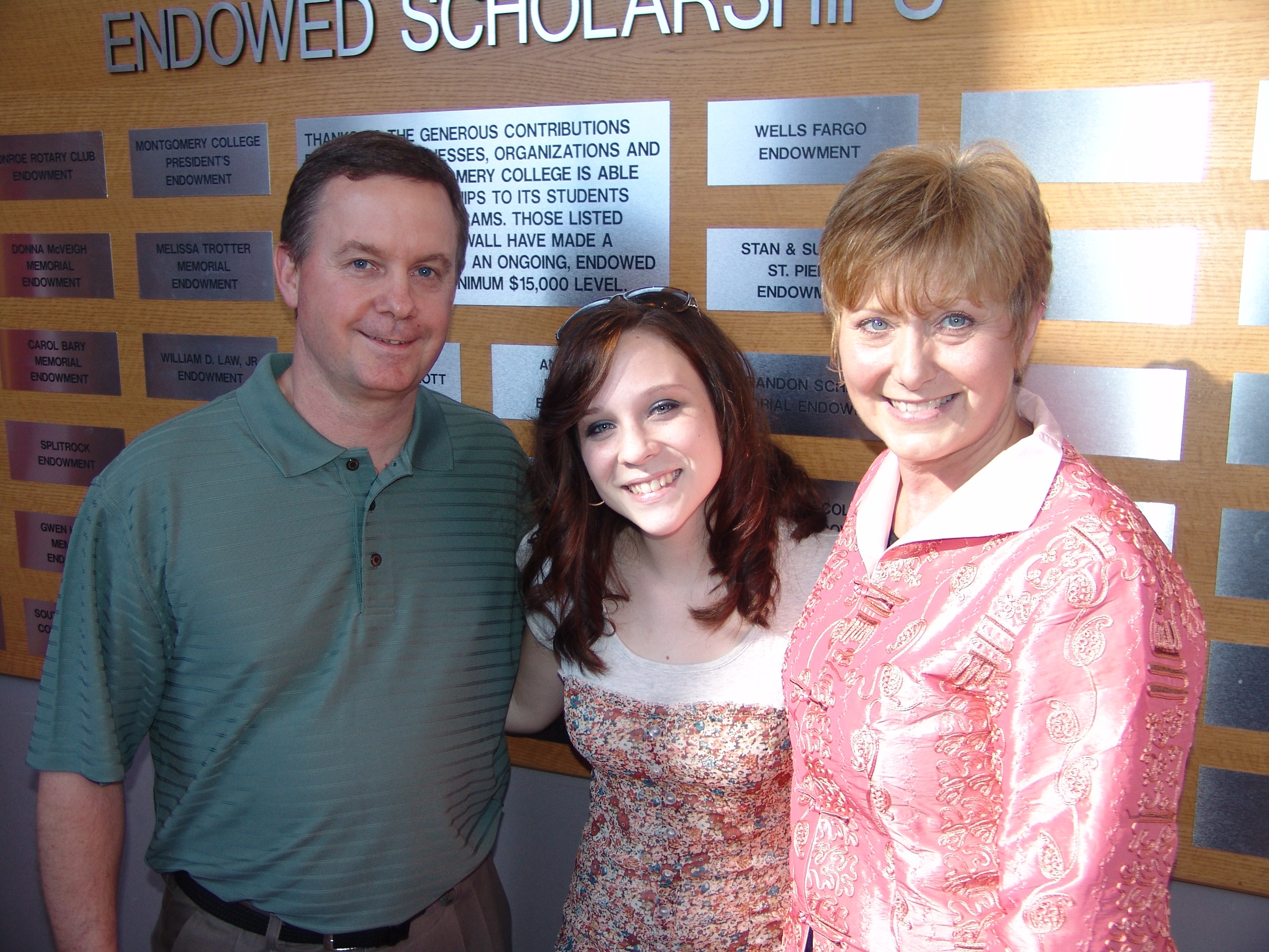 Laurel Johnston (center), is the first-ever recipient of the Kelsey Vogel Shining Star Memorial Endowment, which was created by Rick and Linda Vogel, Kelseys parents, following their daughters tragic death in 2007. The scholarship is awarded annually to a theatre arts major at Lone Star College-Montgomery.