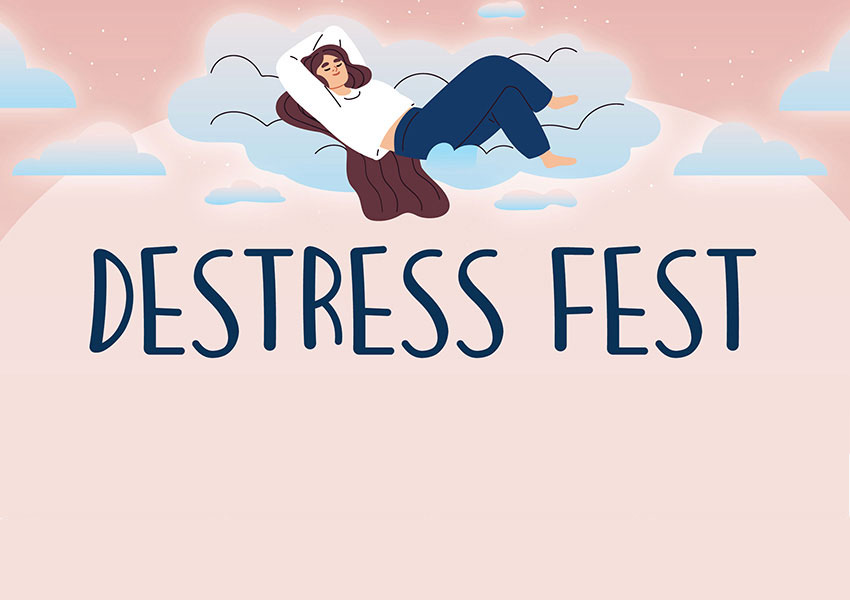 girl resting on cloud with text Destress Fest