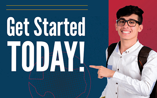 Male college student pointing to text that says 'Get Started Today