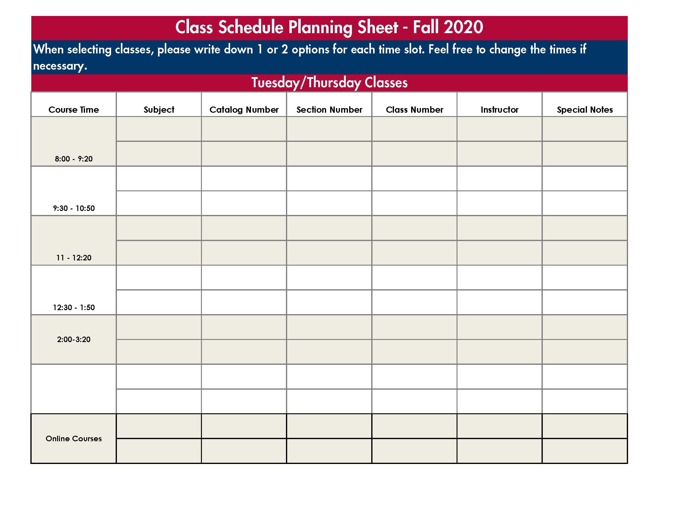 Class Schedule Planner Tuesday Thursday