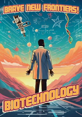 silhouetted man staring into sky full of biotechnology-inspired symbols. text reads: Brave New Frontiers! Biotechnology.