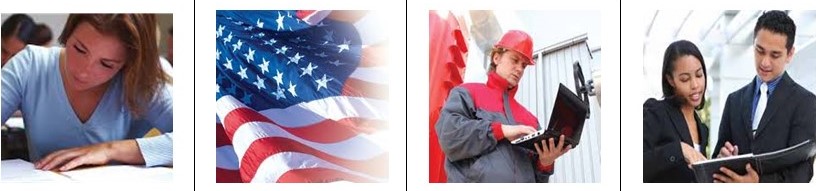 Stock images of woman writing, American Flag, woman with laptop and hardhat, and woman and man looking down at the folder.