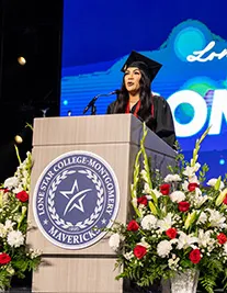 LSC-MC graduate Sanchez-Viera speaking at commencement