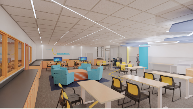 Architectural rendering of the coming Sci Fi Center space. Brightly lit inviting large room with comfortable areas to collaborate, learn, and recharge. 