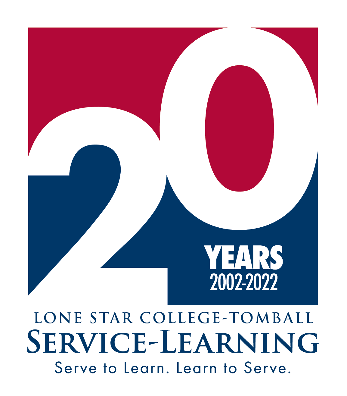 LSC-Tomball Service Learning 20 years, 2002-2022 logo. Serve to learn. Learn to serve. 