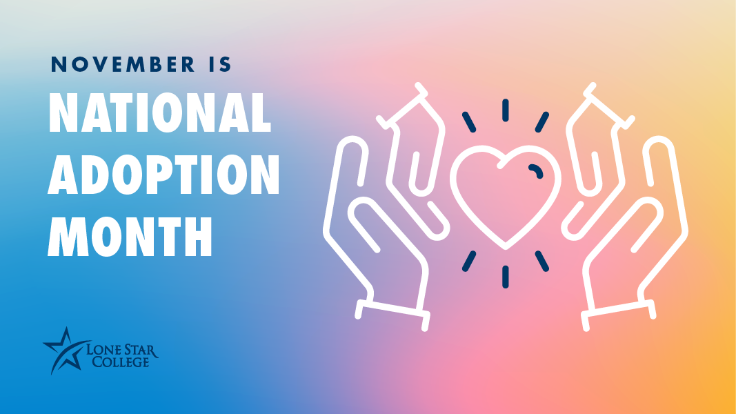 Clipart of four palms surrounding a heart, with LSC logo and text: November is National Adoption Month