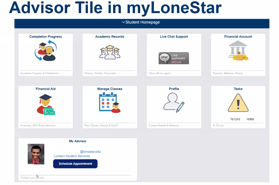 Screenshot of Advisor Tile in myLoneStar