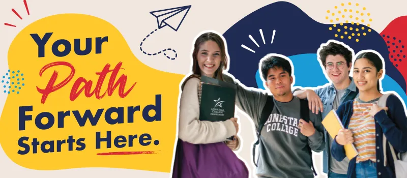 Your Path Forward Starts Here text with four students in a group