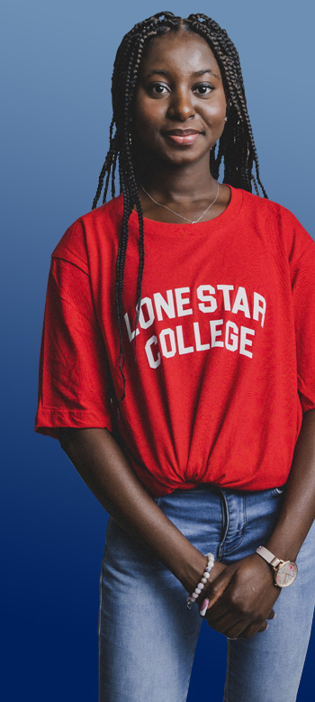 Student wearing a Lone Star College t-shirt above stylized images of graduation caps