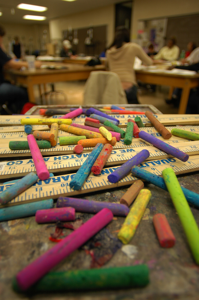 Pastels and  Rulers in an art classroom.