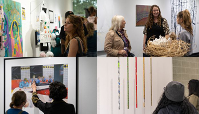 Artwork in Bosque Gallery with people pointing and viewing in the space
