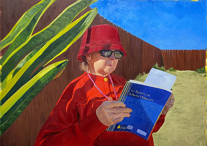 An oil painting of an older lady by Andrea Gabas.