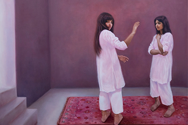 contemporary figurative painting done by Sajeelah Siddiq depicting two young women in front of a burgundy wall with a red rug underneath them