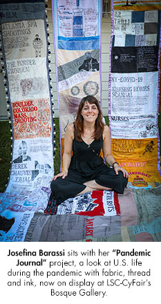 Josefina Barassi sits with her Pandemic Journal project, a look at U.S. life during the pandemic with fabric, thread and ink, now on display at LSC-CyFairs Bosque Gallery.