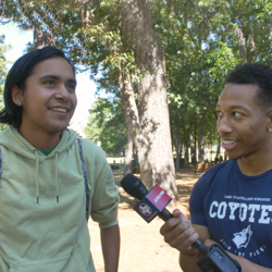 Coyote Rewind reporter Q'ieron interviews a student.