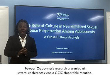Favour Ogbonna's research presented at several conferences won a GCIC Honorable Mention.  