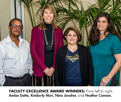 Faculty Excellence Award Winners Amlan Datta, Kimberly Mori, Nina Javaher, and Heather Cannon