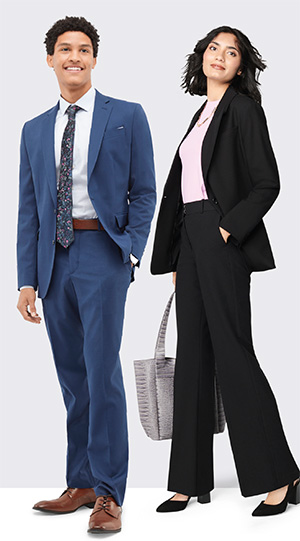 Male and female college students modeling professional clothes