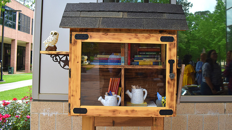 The LSC-Kingwood English and Engineering departments created and built the Little Free Library on campus. The mini library is located on the patio of the Science Instructional Building.