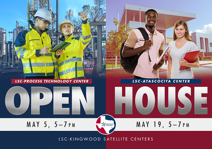 LSC-Process Technology Center and LSC-Atascocita Center will host an open house event on May 5 and May 19, respectively, to showcase its academic programs and campus resources. Registration for May, summer, and fall are now open.