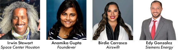 1st panel speakers: photos of Irwin Stewart, Anamika Gupta, Birdie Carrasco, and Edy Gonzalez