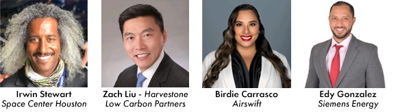 1st panel speakers: photos of Irwin Stewart, Zach Liu, Birdie Carrasco, and Edy Gonzalez