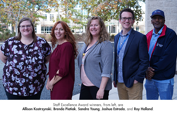 Staff Excellence Award winners, from left, are Allison Kostrzynski, Brenda Piatiak, Sandra Young, Joshua Estrada and Roy Holland.