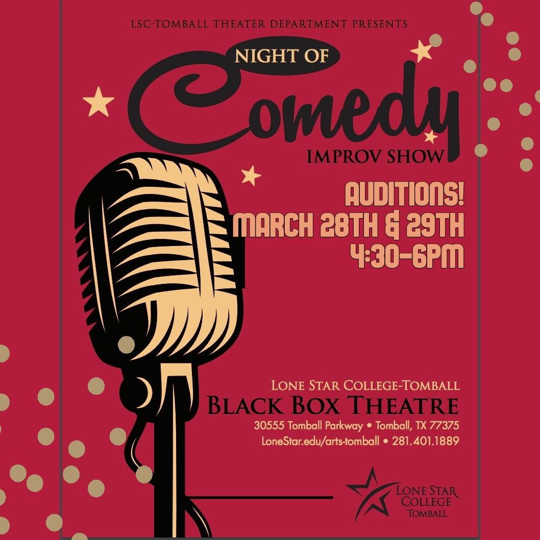"A. Night of Comedy: Improv Show" Recommended for ages 10 and up. April 2023 7pm LSCT Black Box Theatre. No script, no pre-conceived plans, just an audience, YOU, willing to come up with ideas, and a troupe of well-trained actors. Each night completely different from the night before, so come be part of the fun! Image Description: A large microphone on a blue background, with yellow stars scattered around.