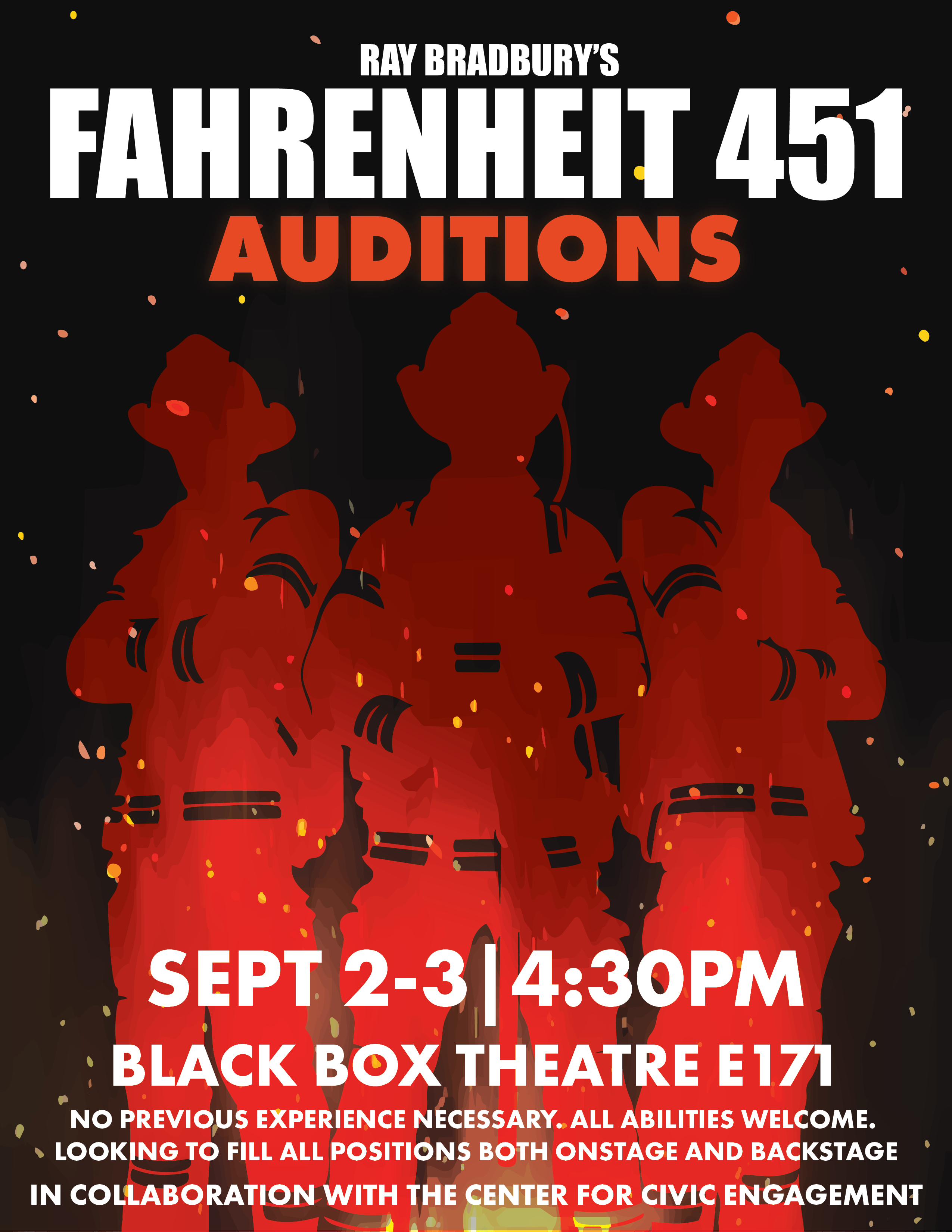 "Fahrenheit 451" Auditions,  September 2-3 4:30pm in the LSCT Black Box Theatre (E171)