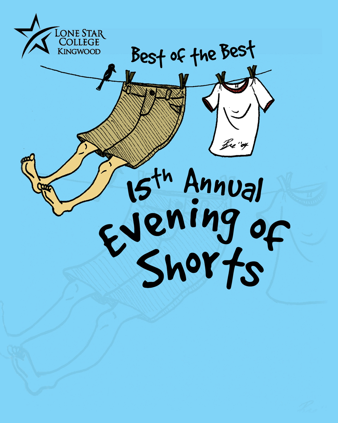 A Clothesline with a Bright Blue sky in the background. A black bird sits on the clothesline. Shorts (with legs sticking out) are clipped to the clothesline alongside a white ringer tee shirt. Title words say "15th Annual Evening of Shorts - the Best of the Best"