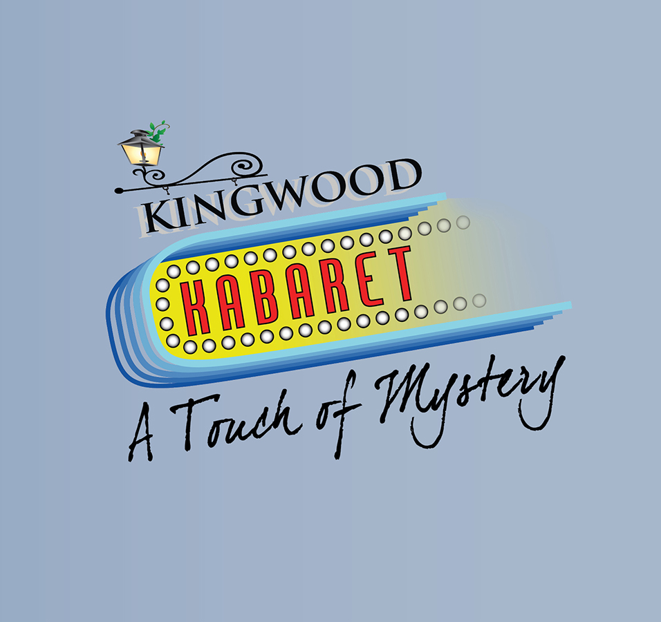 A wrought iron marquee saying "Kingwood Kabaret" - Kabaret is in red with lightbulbs surrounding it. The theme is "A Touch of Mystery"