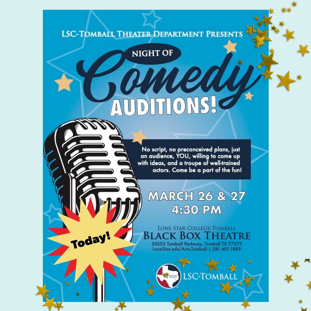 "A. Night of Comedy: Improv Show" Recommended for ages 10 and up. April 2024 7pm LSCT Black Box Theatre. No script, no pre-conceived plans, just an audience, YOU, willing to come up with ideas, and a troupe of well-trained actors. Each night completely different from the night before, so come be part of the fun! Image Description: A large microphone on a blue background, with yellow stars scattered around.