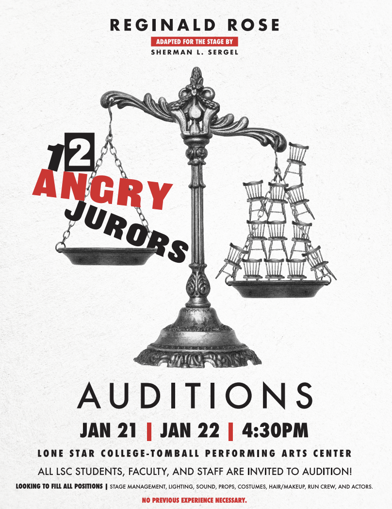 LSC Tomball's Drama Department auditions, January 21 & 22 at 4:30pm, LSCT Performing Arts Center..